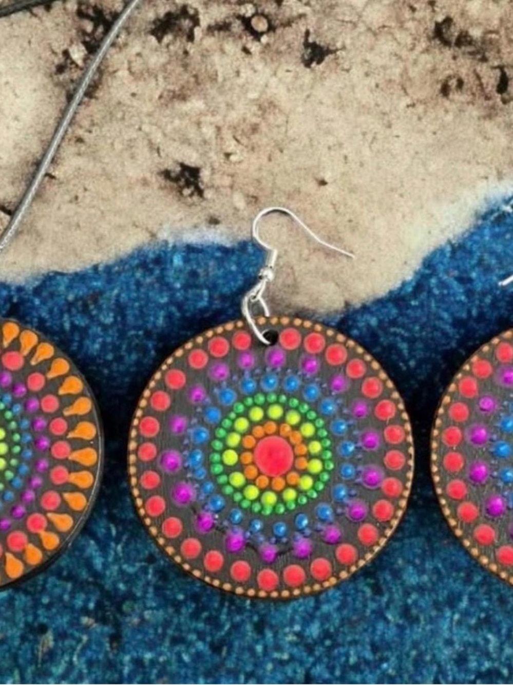 Rainbow Mandala Dot Wooden Jewelry Set Pendant Necklace and Earrings